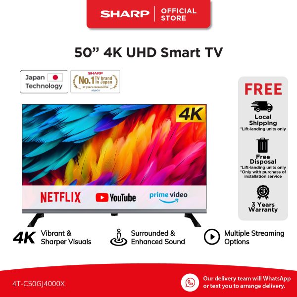 SHARP 50''4K UHD SMART TV 4T-C50GJ4000X | 3 Years Warranty