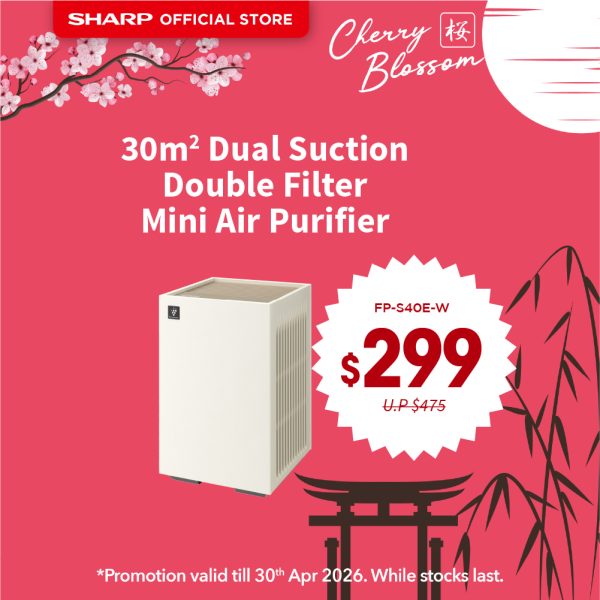 [SAKURA SALE] SHARP 30m² Dual Suction Double Filters Purefit Mini Air Purifier FP-S40E-W