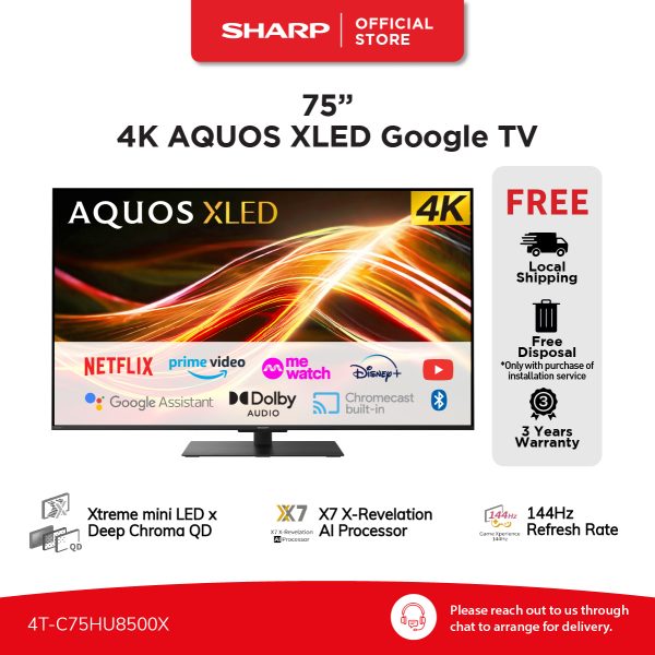 SHARP AQUOS XLED Google TV - 75" 4T-C75HU8500X | 3 YEARS WARRANTY