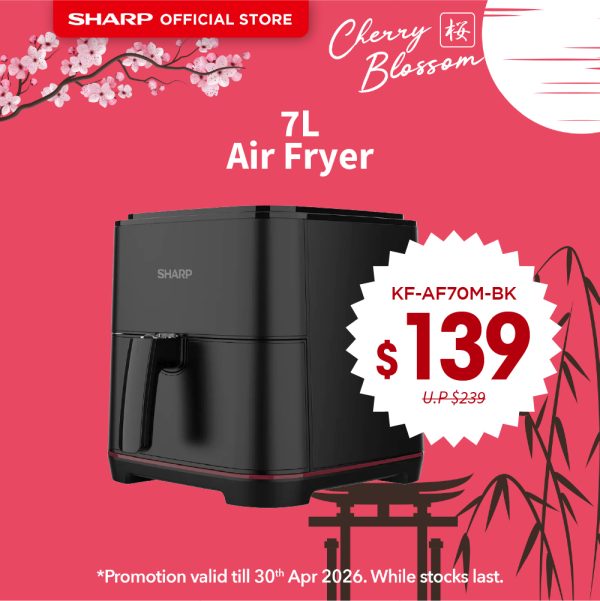[SAKURA SALE] SHARP 7L Air Fryer | 8 cook menu | Max temperature 200 degree Celsius | LED display light | KF-AF70M-BK