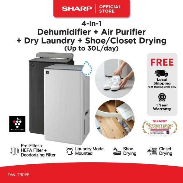 SHARP 30L 4-in-1 Dehumidifier + Air Purifier + Shoe Dryer + Laundry Dryer - DW-T30FE-H | DW-T30FE-W