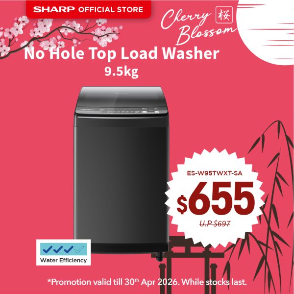 [SAKURA SALE] SHARP No Hole Top Load Washer (9.5kg) ES-W95TWXT-SA